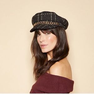 Eugenia Kim Black Tweed Newsboy Cap with Gold Chain